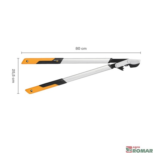 1020188_Sekator nożycowy Fiskars PowerGear X L o długości 80 cm i szerokości 25,5 cm, z oznaczonymi wymiarami ramion.
