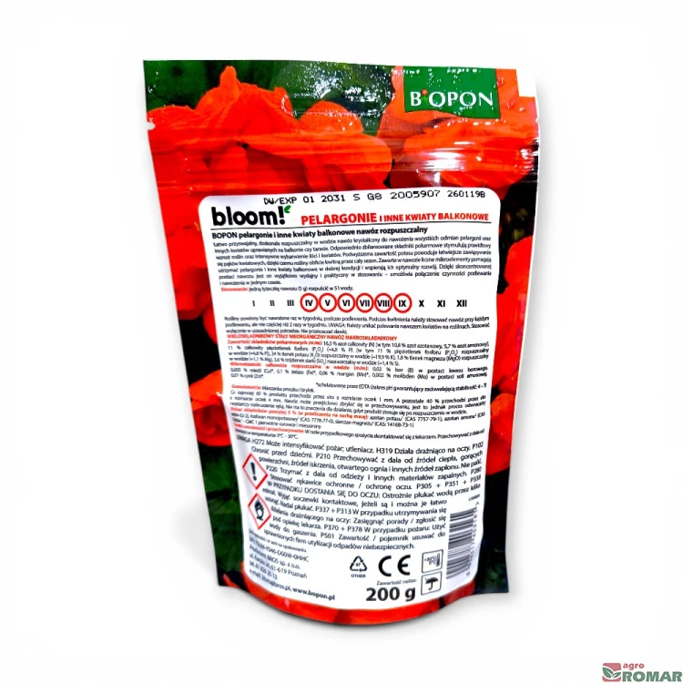 Nawóz rozpuszczalny do pelargonii i innych kwiatów balkonowych Biopon 200 g etykieta.jpg