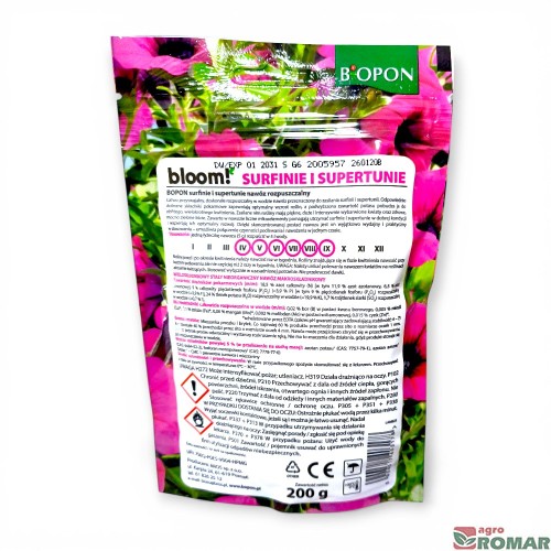 Nawóz rozpuszczalny do surfinii i supertunii Bloom Biopon 200 g etykieta