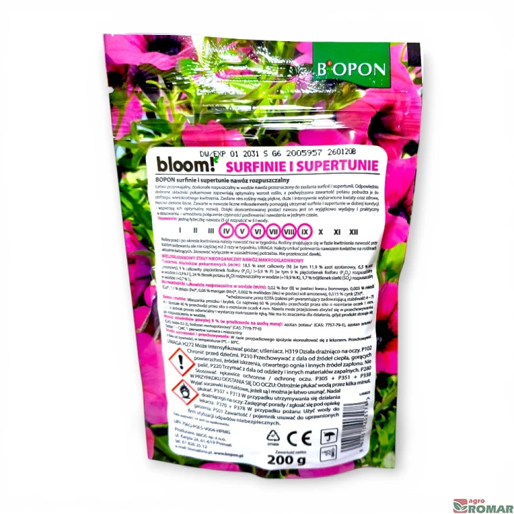 Nawóz rozpuszczalny do surfinii i supertunii Bloom Biopon 200 g etykieta