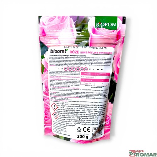 Nawóz rozpuszczalny do róż i innych roślin kwitnących Bloom Biopon 200 g etykieta
