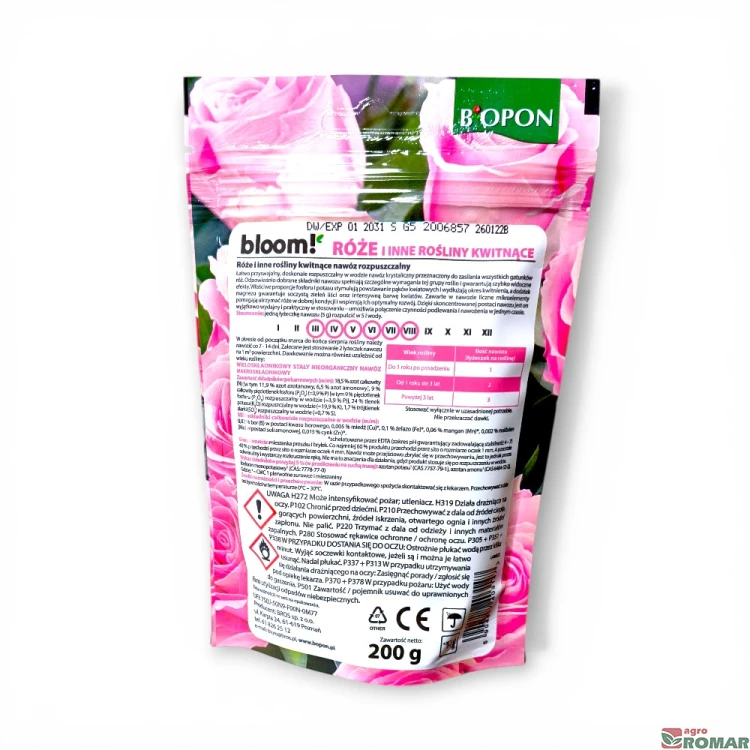 Nawóz rozpuszczalny do róż i innych roślin kwitnących Bloom Biopon 200 g etykieta