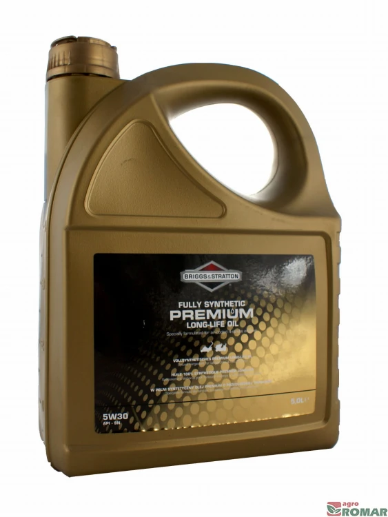W pełni syntetyczny olej do silników przemysłowych Briggs & Stratton Premium Long Life 5W30 w opakowaniu 5 litrowym.