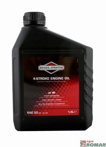 Olej do smarowania silników czterosuwowych Briggs & Stratton SAE 30 w opakowaniu o pojemności 1,4 litra.