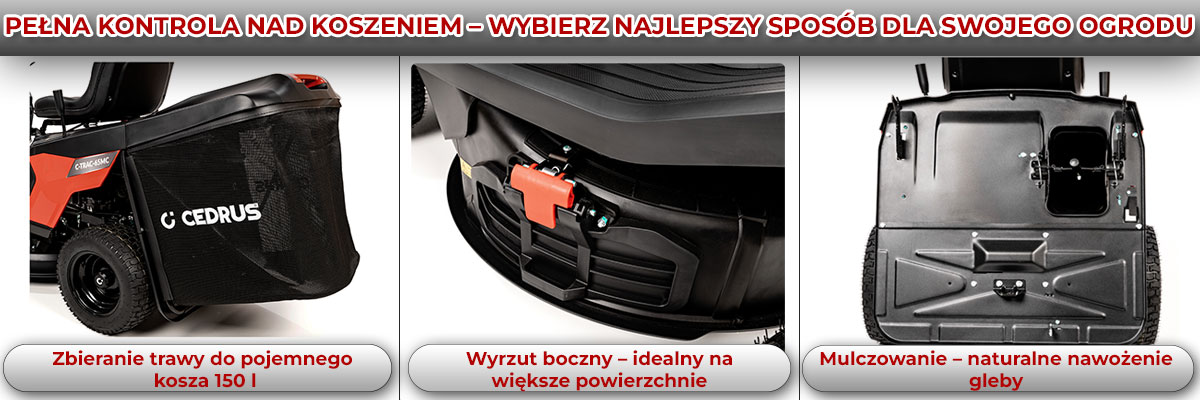 kosz o pojemości 150 l, wyrzut boczny, mulczowanie w traktorku Cedrus C-TRAC-65MC